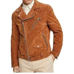 NEW Men's Front Zip-Up Real Authentic Biker Elegant Suede Jacket Belted Outwear - Picture 1 of 5