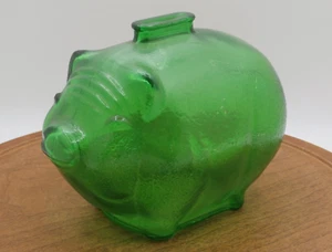 Vintage Anchor Hocking Green Textured Glass Piggy Coin Bank Large Size 5.5" Tall - Picture 1 of 9