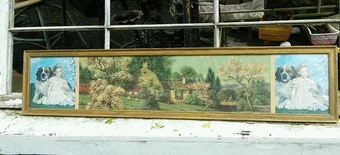 Vtg 1940-50's Over Door Window Long wood Frame St. Bernard Girl Cottage Picture Cover