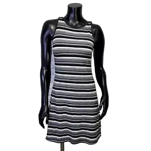 Vintage 90s Entrancy Womens M Grey Black Ribbed Knit Mini Striped Tank Dress - Picture 1 of 8