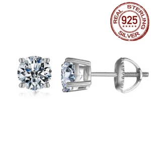 Sterling Silver Stud Earrings Screw Back Cubic Zirconia Round for Women Men Gift - Picture 1 of 6
