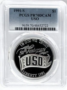 1991 S USO 50th Anniversary Commemorative Proof Silver Dollar PCGS PR70 - Picture 1 of 2