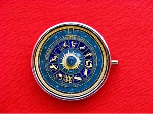 ZODIAC ASTRO CLOCK STEAMPUNK RING TRINKET STASH ROUND MINT METAL PILL BOX CASE - Picture 1 of 2