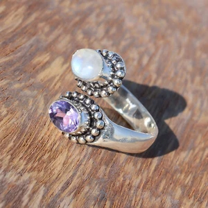 Amethyst Cut & Moonstone Gemstone Ring 925 Sterling Silver Surprise Gift Jewelry - Picture 1 of 7
