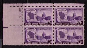 US USA Sc# 957 MNH FVF PLATE # BLOCK Wisconsin Map Scroll Capitol Building - Picture 1 of 1