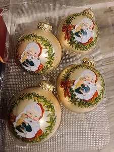 Vintage Holiday Time 4 Glas Ornamente Gold Glitzer Glitzer Weihnachtsmann, Welpe, Kranz - Bild 1 von 7