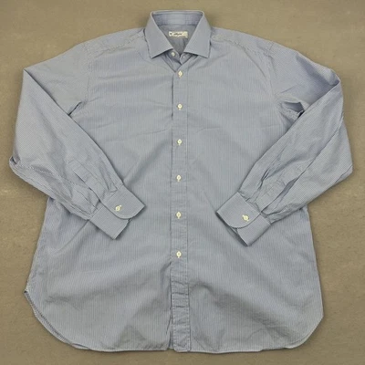 Brioni Bergdorf Goodman Shirt Mens 43 17 Blue White Pinstripe Button Down Italy - Image 1 of 4