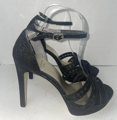 Adrianna Papell Heels Size10M Black Stiletto Glitter Ankle Strap Evening Shoes - Image 1 of 4