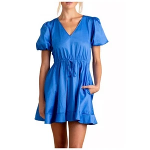 NWT S’Edge Delilah Puff Sleeve Mini Dress Blue Prep Minimalist Stretchy Girly M - Picture 1 of 6