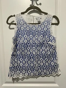 Top senza maniche Liz Claiborne donna taglia small Petite blu bianco pizzo ombretto - Foto 1 di 3