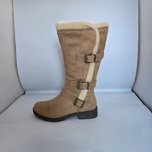 Tan Suede Knee-High Boots With Faux Shearling Lining & Side Zippers For Women - Picture 1 of 6