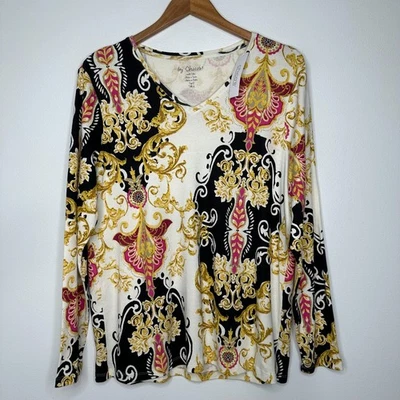 NWT Chicos Scrolled Gold Scarf Tee Womens Size XL 3 V-Neck Long Sleeve Cotton - Image 1 of 4
