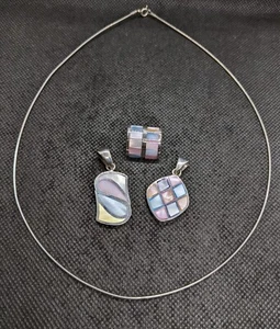 *Sale* 3 Mother of Pearl Inlay Sterling Silver Pendants + Stiff Snake Chain .F1 - Picture 1 of 5