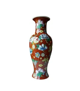 Jarrón de 12" rojo azul uvas florales mediados de siglo China alto asiático firmado S Mann - Imagen 1 de 6
