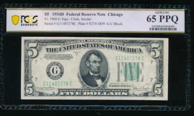 AC 1934D $5 Chicago FRN G-C block PCGS 65 PPQ Fr 1960-G - Image 1 of 2
