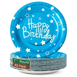 Happy Birthday Party Paper Platesblue Birthday Dessert Plates7inch50pcsfoil Polk - Picture 1 of 7
