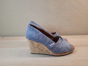 Toms Denim Cork Wedge Heels Sandals Open Toe Shoes Womens Size 6 - Picture 1 of 7