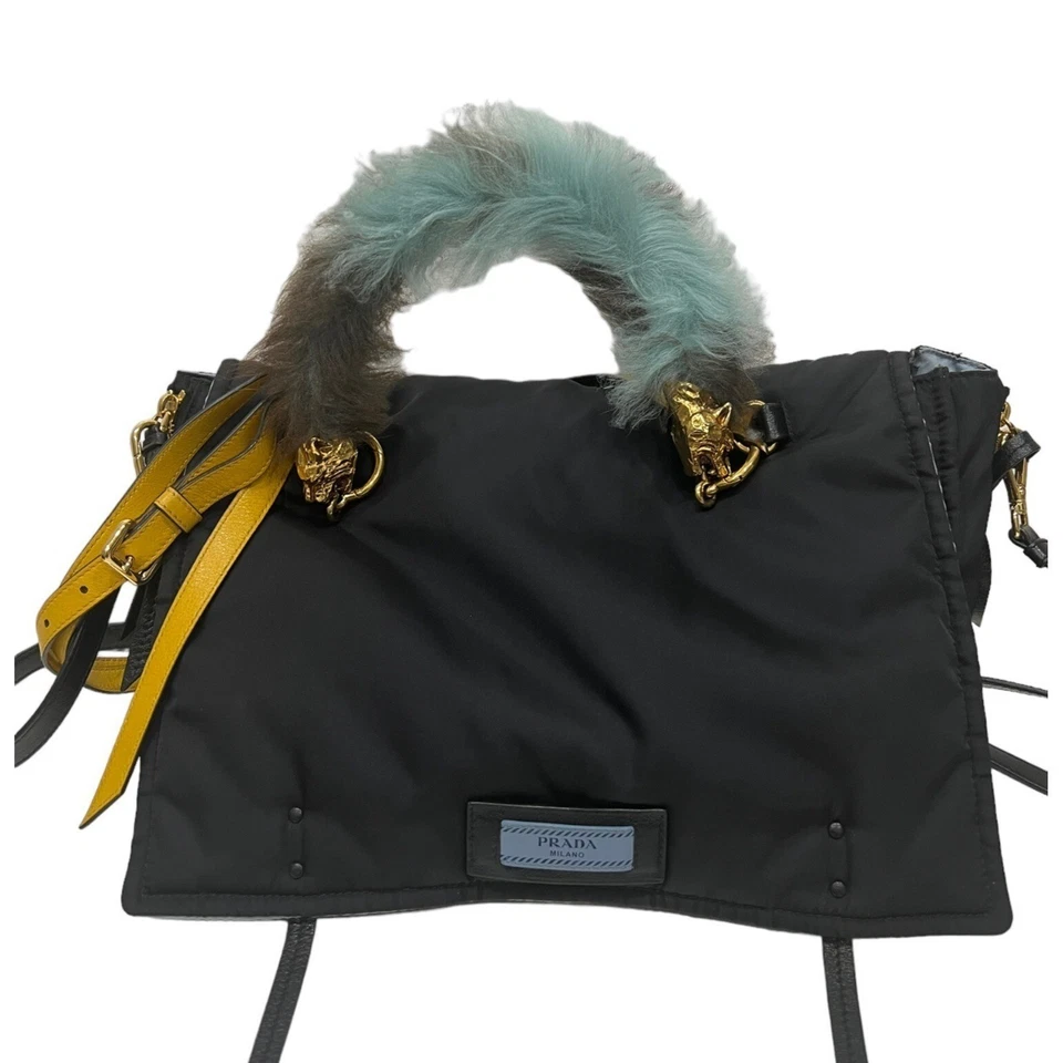 Bolso de Hombro PRADA Tessuto Etiqueta Nylon Negro Amarillo Correa Piel Mango Crossbo Foto 1 de 1