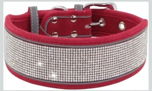 Rhinestone Dog Collar Comfortable Reflective,Adjustable (S fit Neck 12-15", Red) - Picture 1 of 5