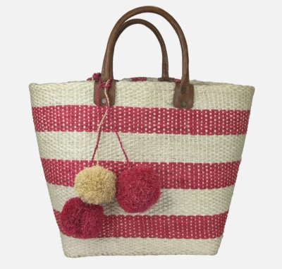 Mar y Sol Collins Straw Woven Tote Bag Pink Cream Striped Leather Handles Beach - Image 1 of 4