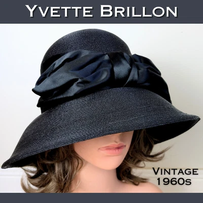 VTG 1960s Yvette Brillon Black Straw Wide Brim Hat Satin Bow Montréal Canada - Image 1 of 4