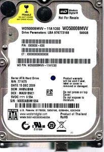 WD5000BMVV-11A1CS0 S/N: WX60A DCM: HHBVJBNB WD 500GB THAILAND DEZ 2009 - Bild 1 von 2