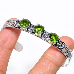 Green Peridot Gemstone Handmade 925 Sterling Silver Adjustable Cuff Bracelet - Picture 1 of 1
