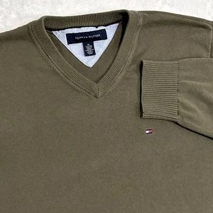 Tommy Hilfiger maglione uomo XL verde oliva scollo a V pullover costine elasticizzato preppy - Foto 1 di 19