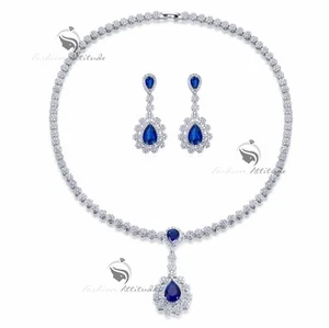 18k white gold gp crystal stud earrings necklace party wedding set sapphire blue - Picture 1 of 8