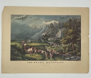 VINTAGE THE ROCKY MOUNTAINS CURRIER & IVES NEW YORK CITY LITHOGRAPH 18x13.5  - Picture 1 of 4