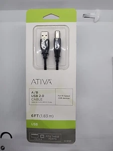 New ATIVA A/B USB 2.0 CABLE 6ft  Computer Printers Backwards Compatible USB 1.1  - Picture 1 of 6
