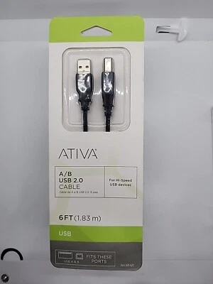 New ATIVA A/B USB 2.0 CABLE 6ft  Computer Printers Backwards Compatible USB 1.1  - Image 1 of 4