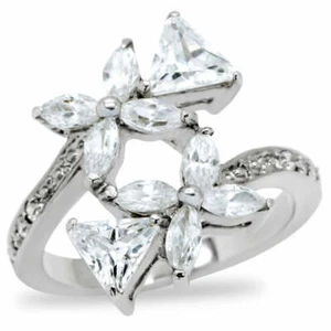 Ladies Flower Ring Cocktail Silver Marquise Trillion Cut Stainless Steel 196 - Picture 1 of 5
