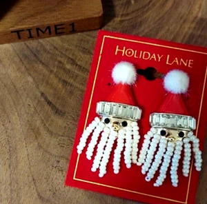 Holiday Lane Silver-Tone Crystal, Bead & Pom-Pom Bead Santa Drop Earrings - Picture 1 of 4