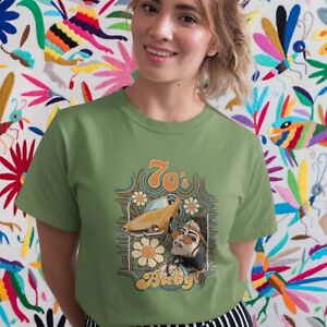 Dziecko z lat 70-tych! Damski zrelaksowany t-shirt z hipisowską dziewczyną i kolorami Ford Pinto z lat 70.