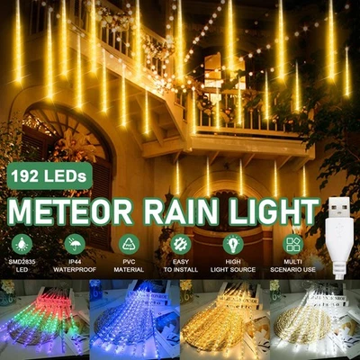 192 LED Meteor Shower Fairy Lights Rain Tree String Lights 8 Tubes Garden Party - Image 1 of 4