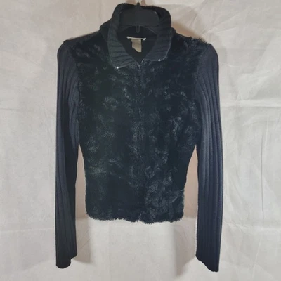 Suéter Vintage Pequeño Negro Chaqueta Imitación Piel Acanalada Tejido Cremallera Y2K Mujer Foto 1 de 4