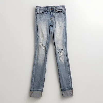 Женские джинсы с универсальной нитью 00 синие искусственно состаренные с манжетами средняя посадка узкие 25x28 - Изображение 1 из 4