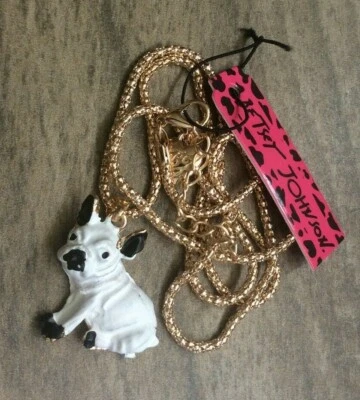 Colgante Betsey Johnson Diseñador Negro/Blanco Perro Cachorro en Collar Largo Dorado ¡Nuevo! Foto 1 de 2