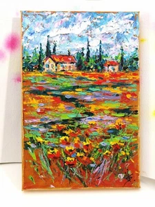 ORIGINAL Oil Impasto Painting TUSCANY Landscape Poppy Field Artwork 11.5"x8" - Picture 1 of 7