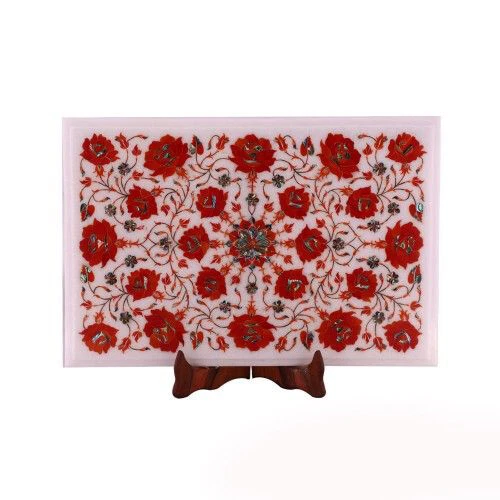 18" x 12" Marble corner end Table Top inlay semi precious stones floral work - Image 1 of 1