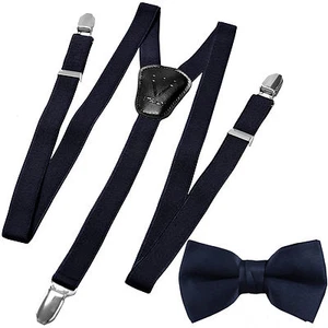 New Y back Kid's Boy's Suspender adjustable strap clip on & bowtie navy blue - Picture 1 of 3