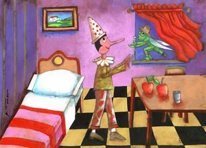 MAURIZIO TORNESE "pinocchio e il grillo parlante" tecnica mista su cartoncino - Foto 1 di 3