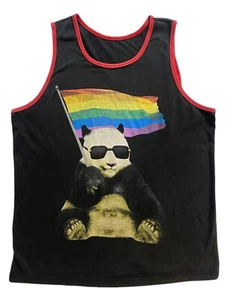 Well Worn Brand Cool Panda Rainbow Pride Flag Graphic Black Tank Top Unisex - Picture 1 of 7
