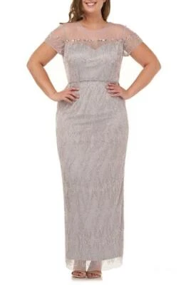 JS COLLECTIONS Plus Size 20W Silver Beaded Illusion Yoke Column Gown NWT $450 - Image 1 of 4