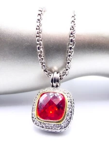 NEW 18kt White Gold Plated Siam Rich Red Crystal Cable Square Pendant Necklace - Picture 1 of 11