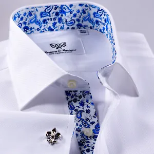 White Herringbone Business Dress Shirt Mens With Paisley Inner Linging Classic - Picture 1 of 12
