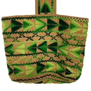 Vintage Boho Embroidered Burlap Tote Bag Purse Green Geometric Pattern Lined 70s - Picture 1 of 10