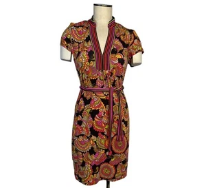 Trina Turk Women's Groovy Patterned Dress Size 4 V-Neck Waist-Tie MSRP $258 - Picture 1 of 8