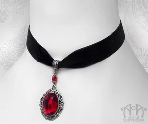 Gothic RED CRYSTAL BLACK VELVET CHOKER Ribbon Necklace Silver Pendant Victorian - Picture 1 of 4